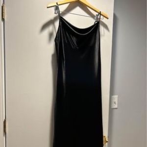 Black satin Bebe cowl neck slip dress